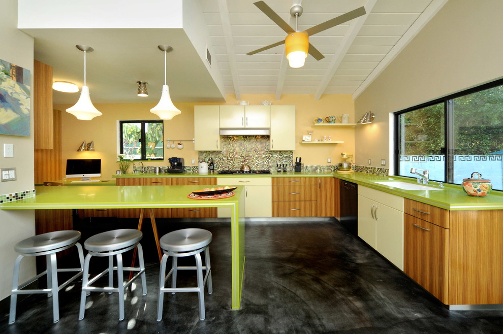 Concrete Stained Floors Kitchen Contemporary with Breakfast Bar Colorful Kitchen