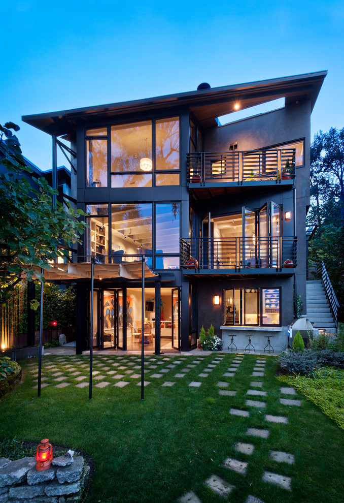 Concrete Stepping Stones Exterior Contemporary with Angular Roof Balcony Bar