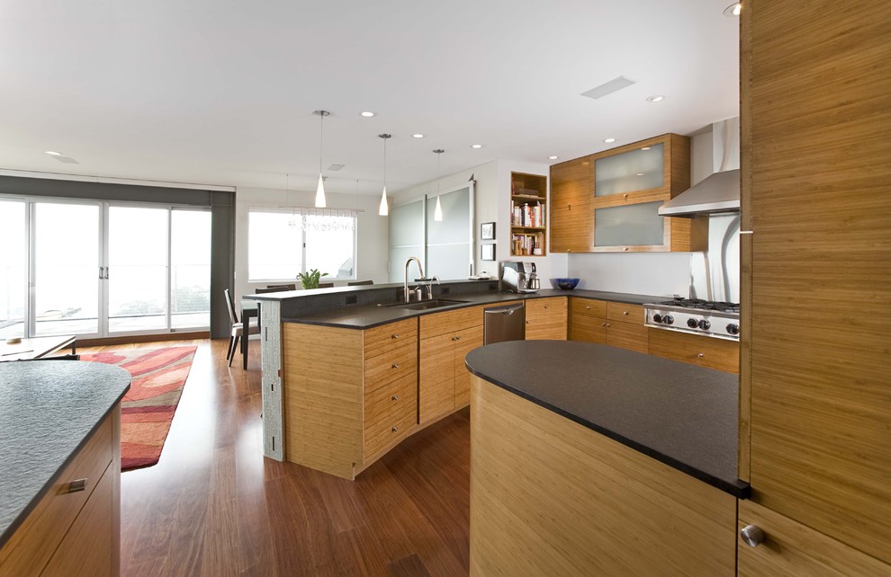 Contemporary Area Rugs Kitchen Contemporary with Bamboo Cabinets Black Countertops