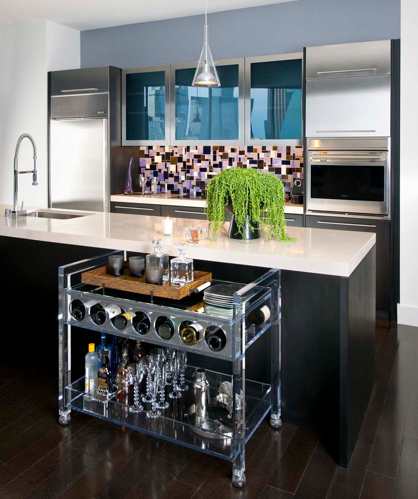 Contemporary Bar Cart Kitchen Contemporary with Abstract Tile Backsplash Bar