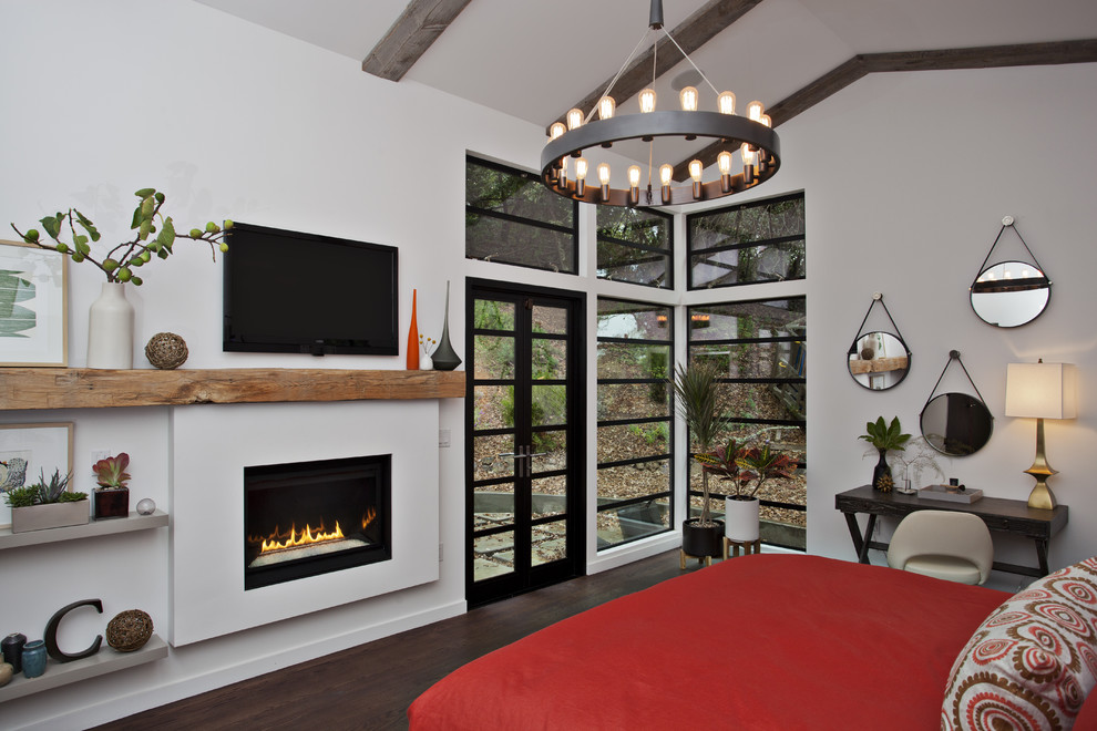 Contemporary Fireplace Mantel Shelves Bedroom Contemporary with Artwork Beams Chandelier Dark