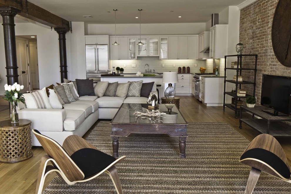 Contemporary Furniture Warehouse Living Room Industrial with Dark Brown Pillars Exposed