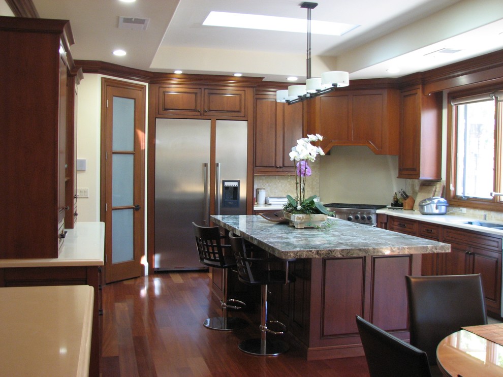 Contemporary Pendant Lighting Kitchen Traditional with Bar Stools Brown Cabinets