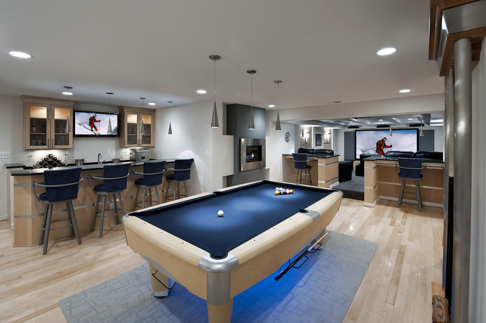 Contemporary Pool Table Basement Contemporary with Area Rug Bar Barstools