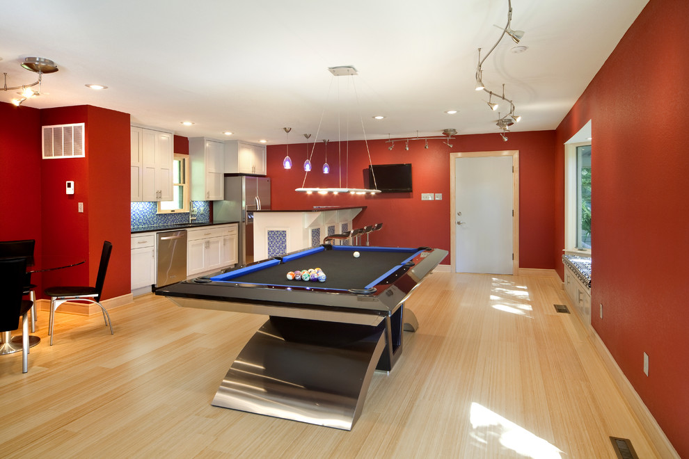 Contemporary Pool Table Lights Family Room Contemporary with Bar Area Billiards Bold