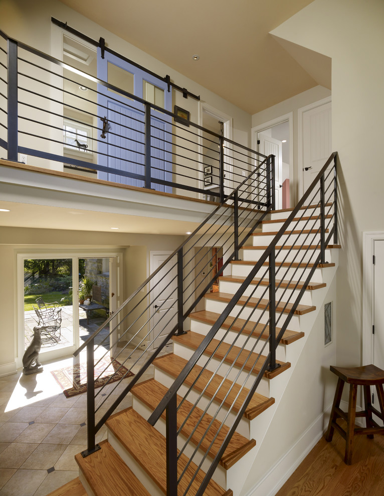 Contemporary Stair Railing Staircase Eclectic with Barn Door Blue Door