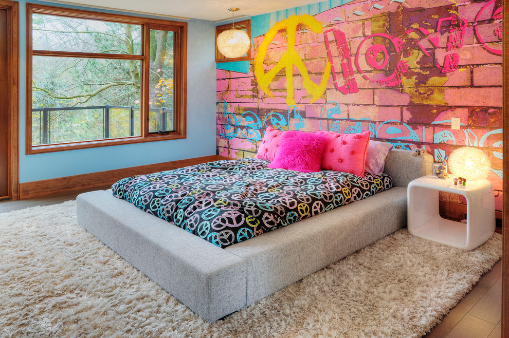 Cool Beds for Teens Kids Eclectic with Accent Wall Bedside Table