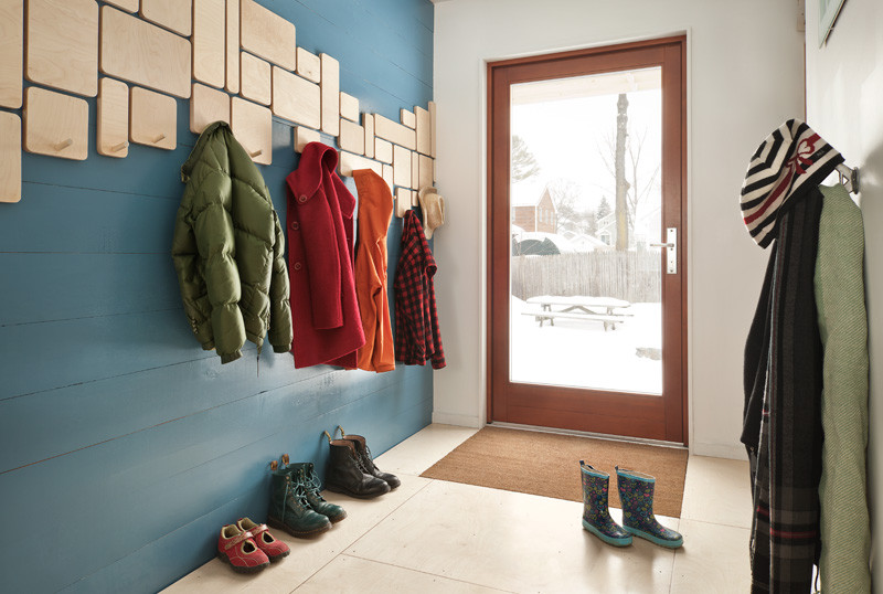 cool coat hooks Entry Contemporary with blue wall cool coat
