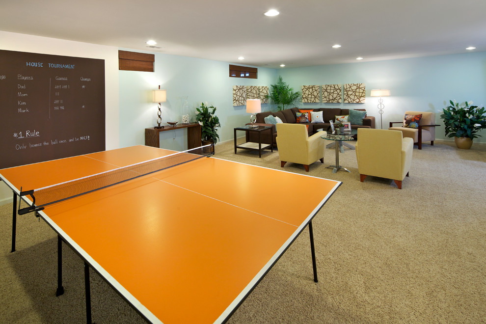 Cool Ping Pong Tables Basement Contemporary with Artwork Basement Brown Carpeting