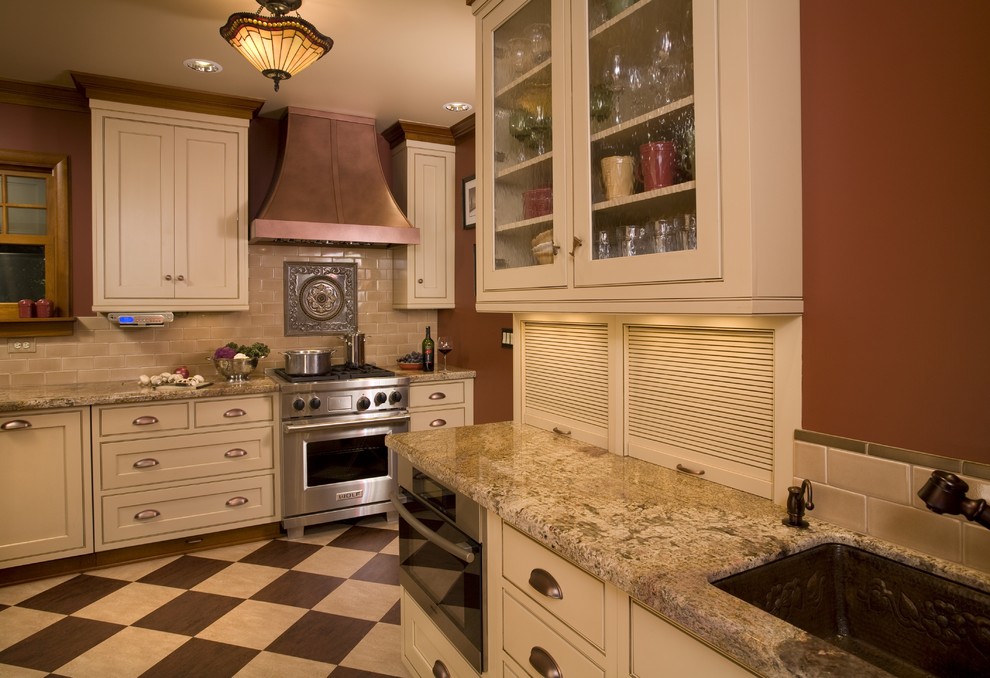 Copper Kitchen Appliances Kitchen Traditional with Accent Tiles Beige Cabinets