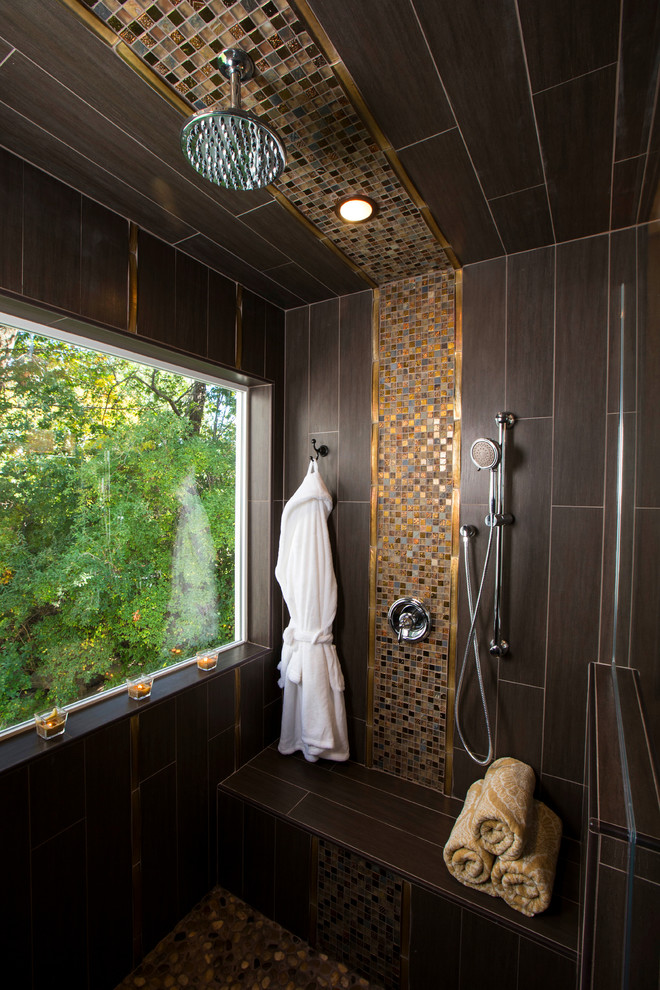 Copper Mosaic Tile Bathroom Contemporary with Body Spray Built In