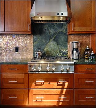 Copper Mosaic Tile Kitchen Traditional with Cabinets Coffee Maker Cooktop