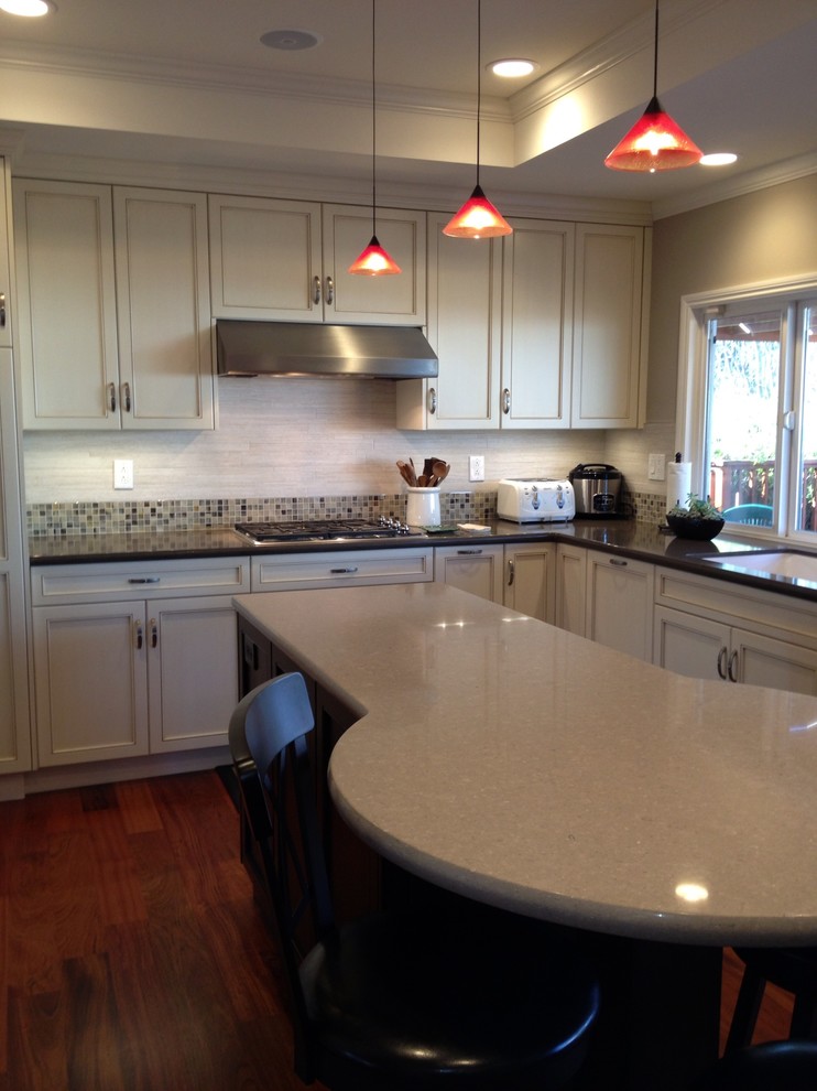 Copper Mosaic Tile Kitchen Traditional with Cherry Glass Mosaic Tile