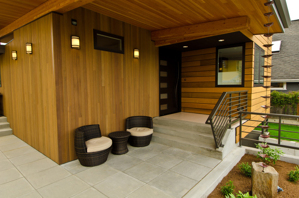 Copper Rain Chain Porch Contemporary with Barrel Chair Black Trim