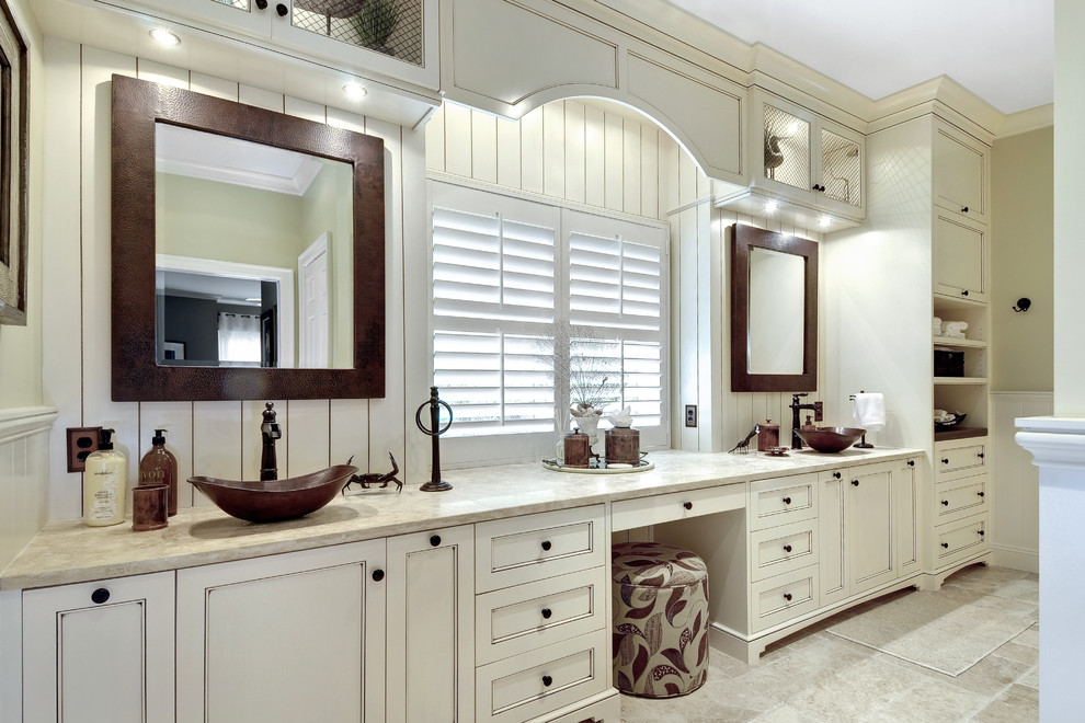 Copper Vessel Sinks Bathroom Transitional with Beige Beadboard Beige Beadboard