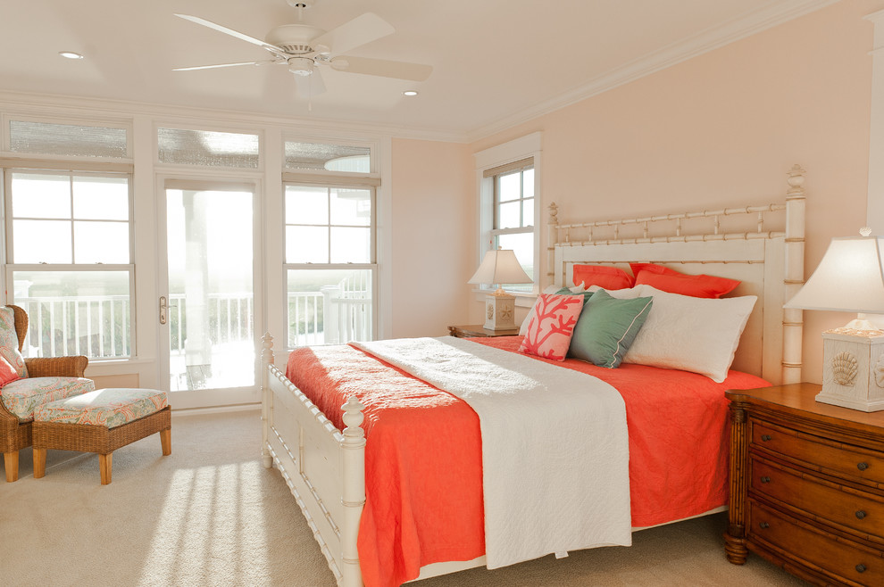 Coral and Green Bedding Bedroom Traditional with Bamboo Bed Beach Theme
