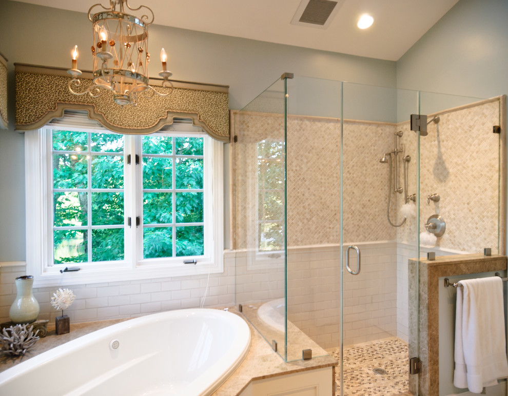 Corner Bathtub Shower Bathroom Traditional with Brushed Nickel Fixtures Chandelier