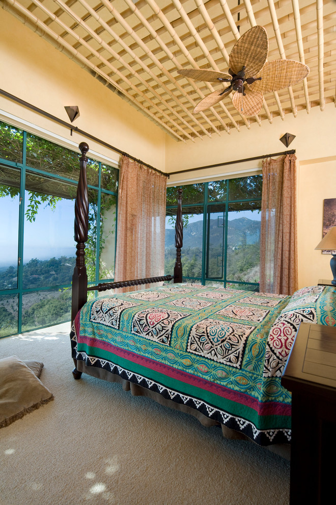 Corner Curtain Rod Bedroom Mediterranean with Bamboo Lattice Ceiling Ceiling
