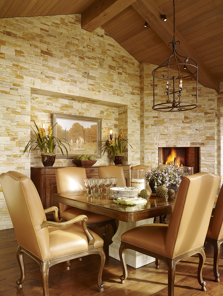 Corner Gas Fireplace Dining Room Mediterranean with Cage Chandelier California Casual