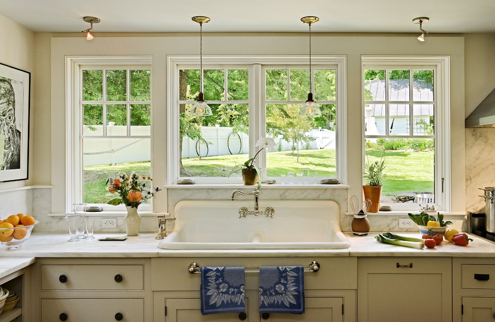 Corner Kitchen Sink Base Cabinet Kitchen Traditional with Glass Pendants Marble Backsplash