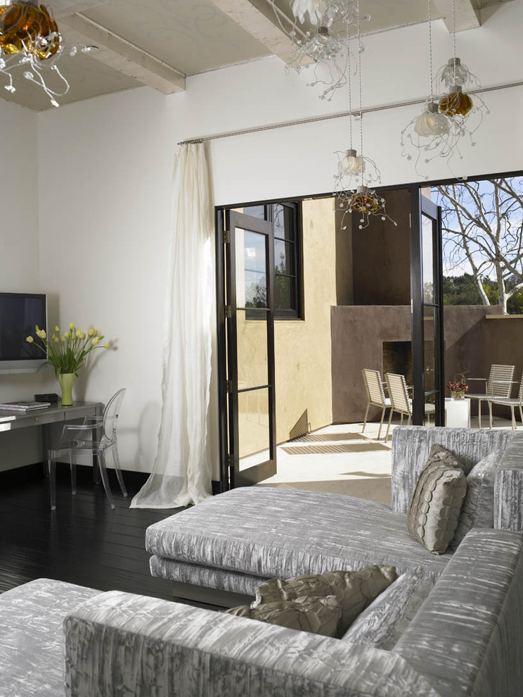 Corner Outdoor Fireplace Bedroom Modern with Balcony Curtains Dark Floor