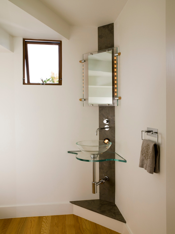 Corner Pedestal Sink Powder Room Contemporary with Awning Window Corner Glass