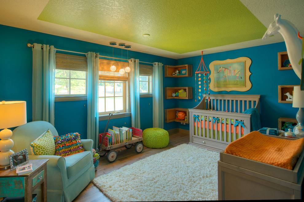 Corner Shelf Unit Nursery Transitional with Baby Beige Crib Blue
