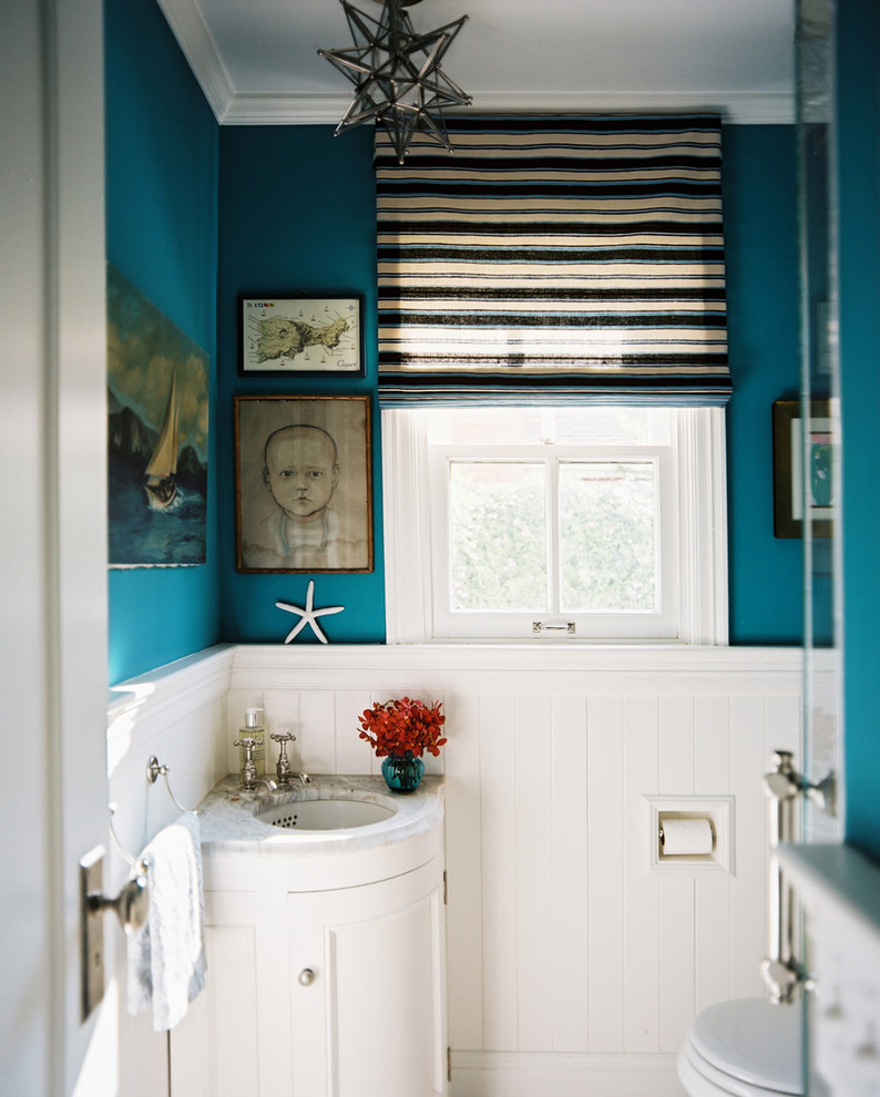 Corner Sink Vanity Powder Room Eclectic with Art Bathroom Beadboard Blue