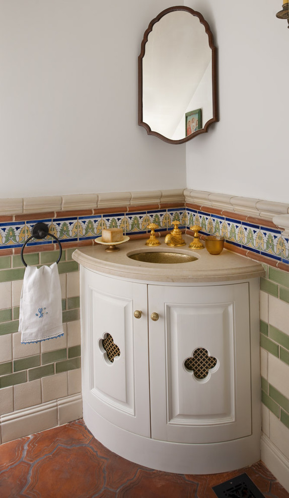 Corner Sink Vanity Powder Room Mediterranean with Accent Tile Bath Accessories