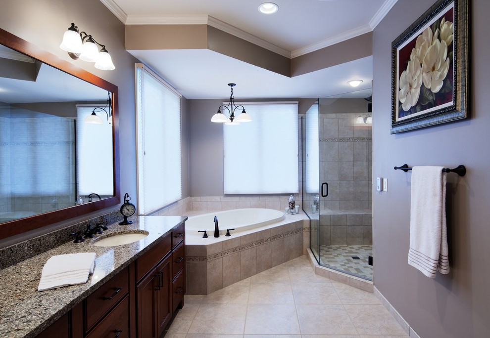 Corner Soaking Tub Bathroom Traditional with 18 Tile Floor Above