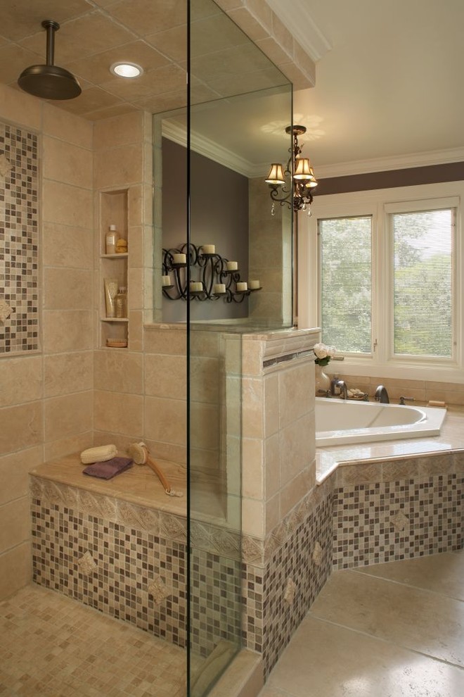Corner Soaking Tub Bathroom Traditional with Accent Tile Accent Wall