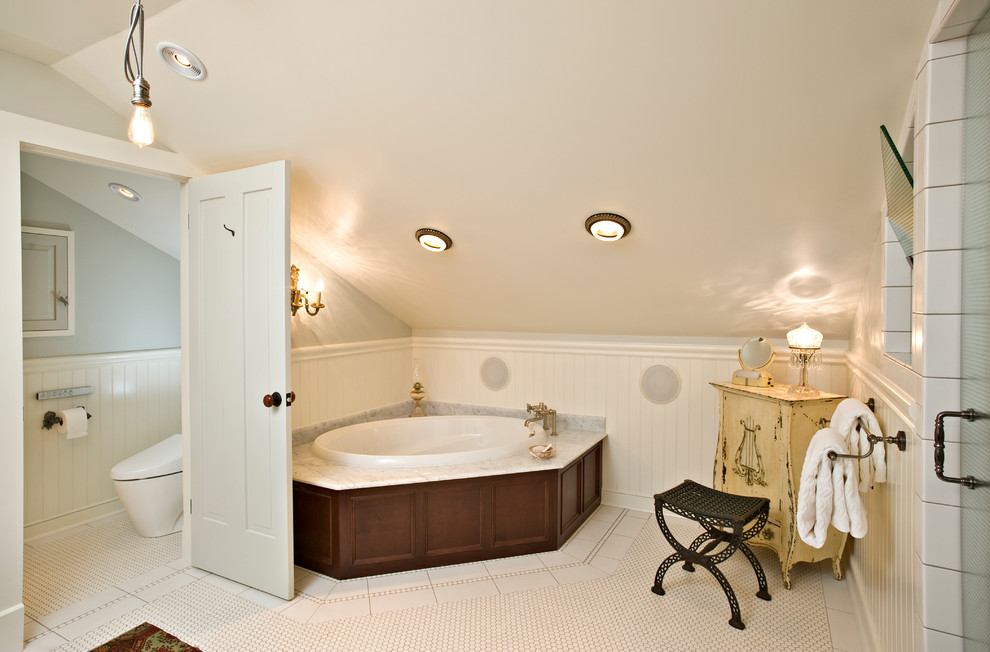 Corner Soaking Tub Bathroom Traditional with Beadboard Cabinet Ceiling Mounted