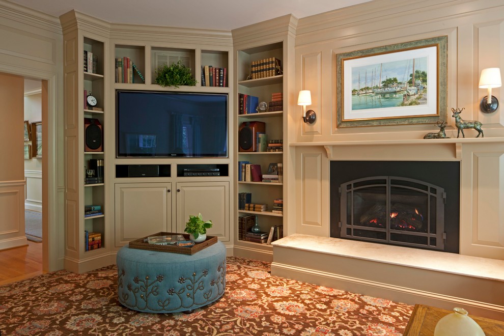 Corner Tv Armoire Family Room Transitional with Area Rug Bookcases Bookshelves