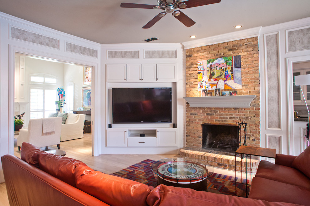 Corner Tv Armoire Family Room Transitional with Brick Fireplace Surround Ceiling