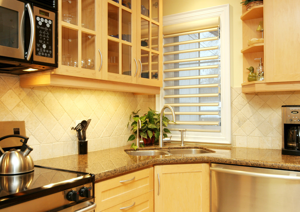 Corner Utility Sink Kitchen Contemporary with Backsplash Beige Blinds Butter