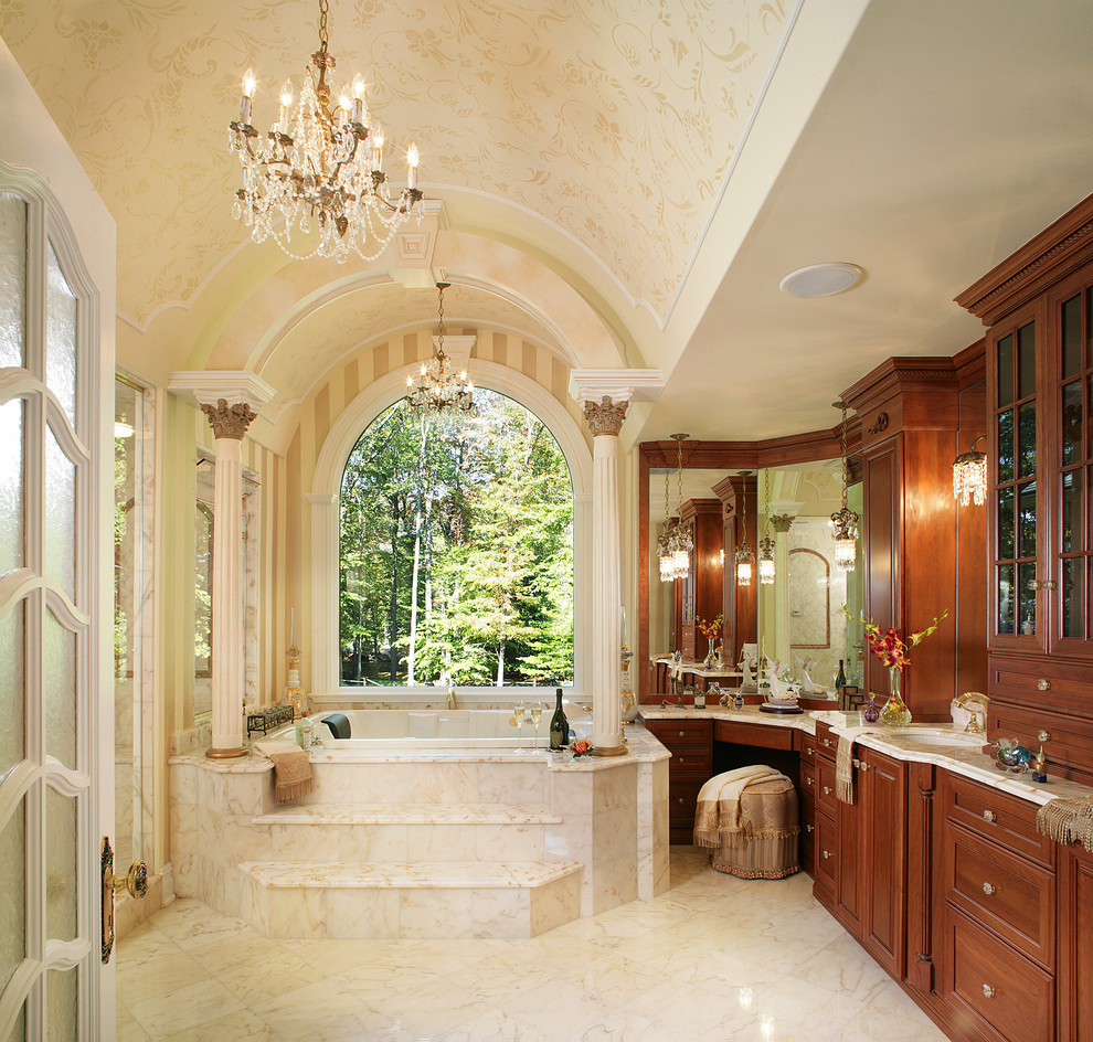 Corner Vanity Cabinet Bathroom Traditional with Arch Barrel Ceiling Bathtub