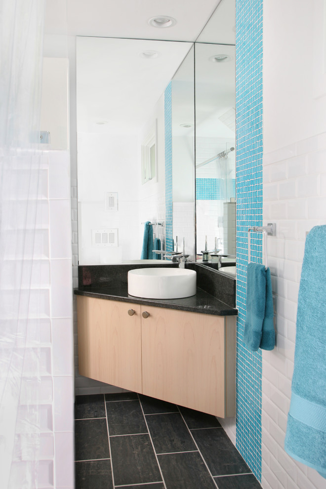 Corner Vanity Sink Powder Room Modern with Bathroom Mirror Blue Tile