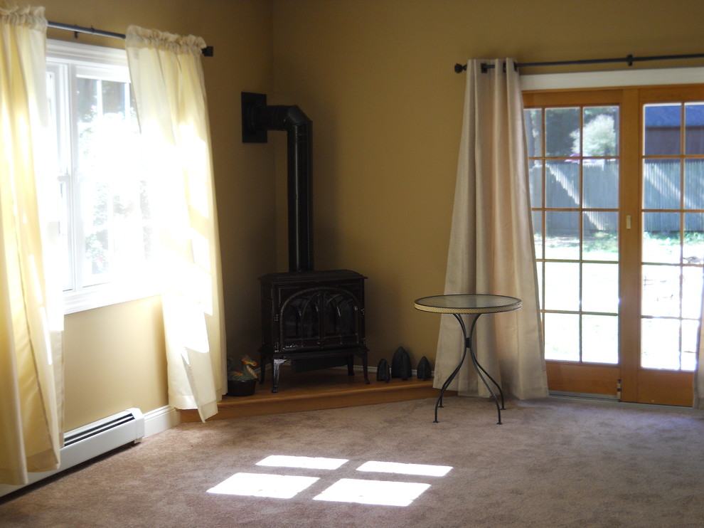 Corner Wood Burning Stove Family Room Traditional with Accessible Aging in Place