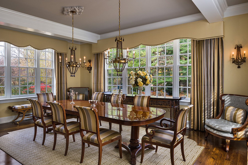 Cornice Board Patterns Dining Room Traditional with Beige Window Treatment Chandelier