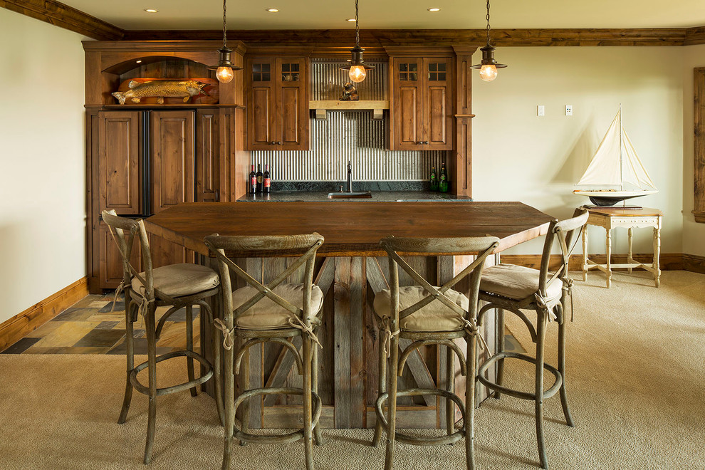 Corrugated Metal Backsplash Home Bar Traditional with Bar Area Bar Seating
