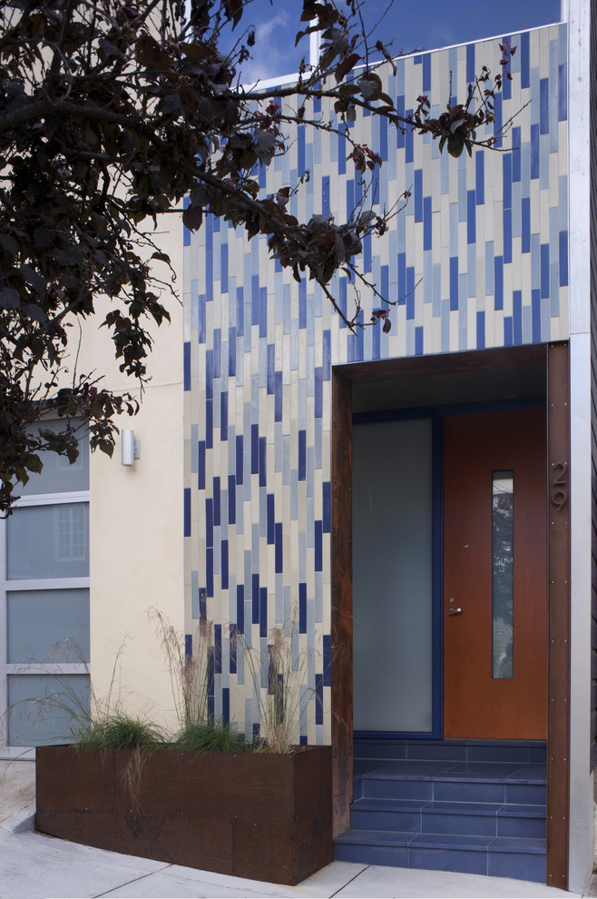 Corten Steel Planters Entry Contemporary with Blue Wall Cor Ten Front