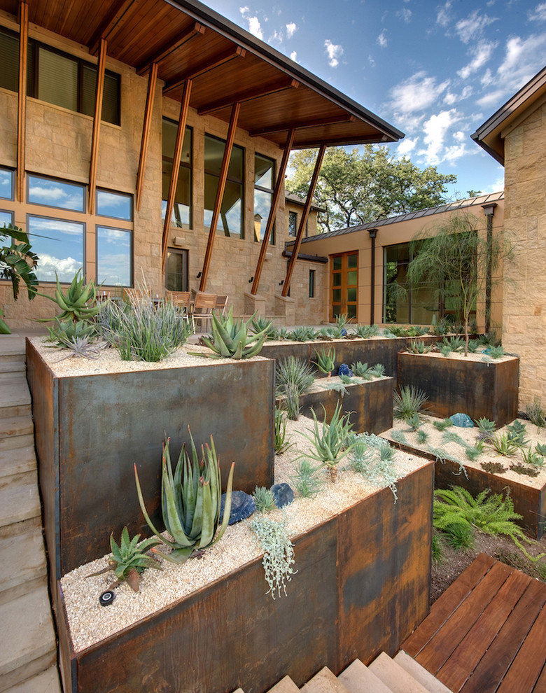 Corten Steel Planters Landscape Southwestern with Drought Tolerant Garden Gravel
