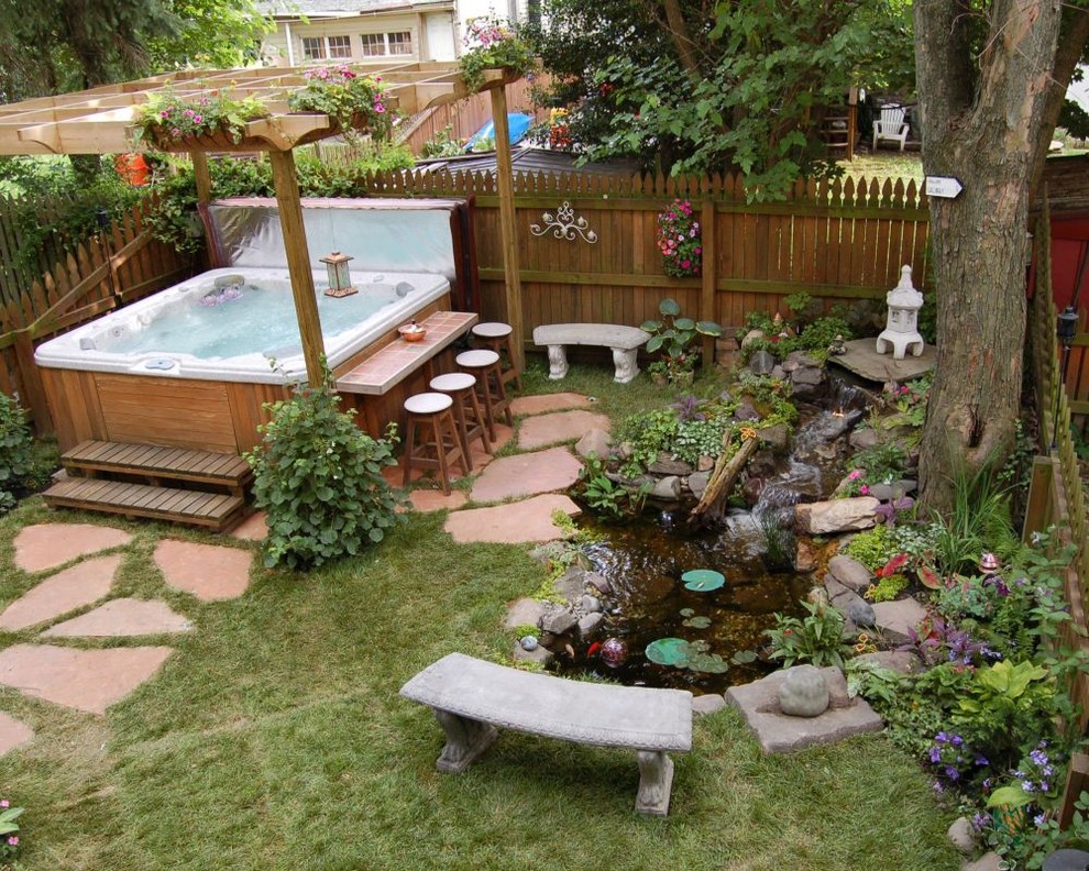 Counter Bar Stools Landscape Asian with Above Ground Spa Arbor Backyard