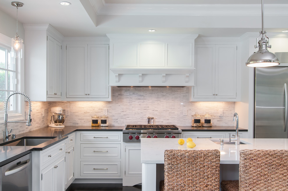 Counter Height Pedestal Table Kitchen Transitional with Custom Hood Inset Cabinets