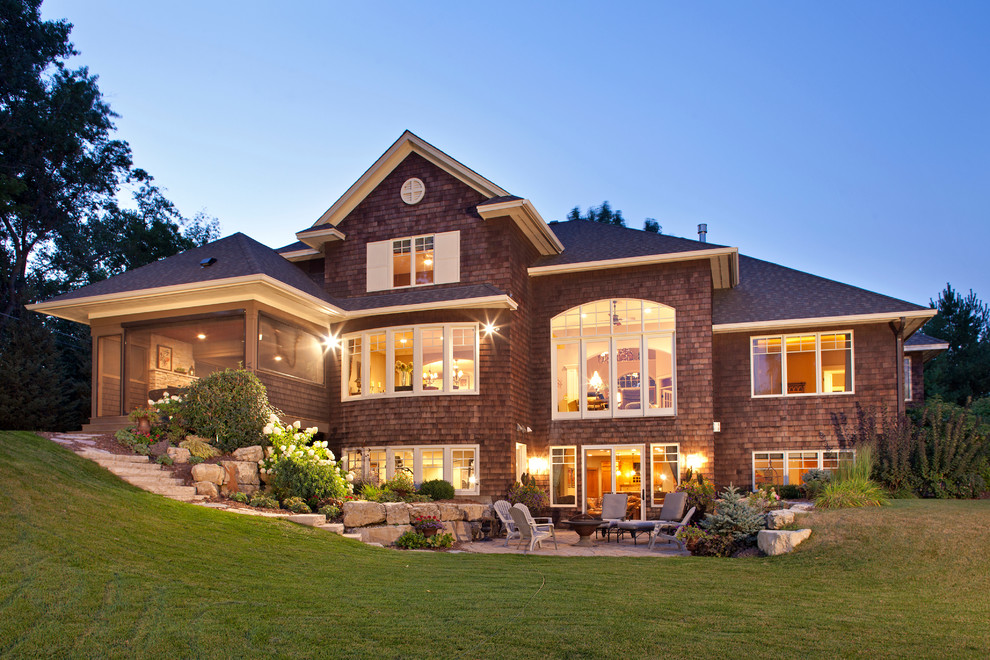 Covered Deck Designs Exterior Traditional with Beige Window Shutters Firepit