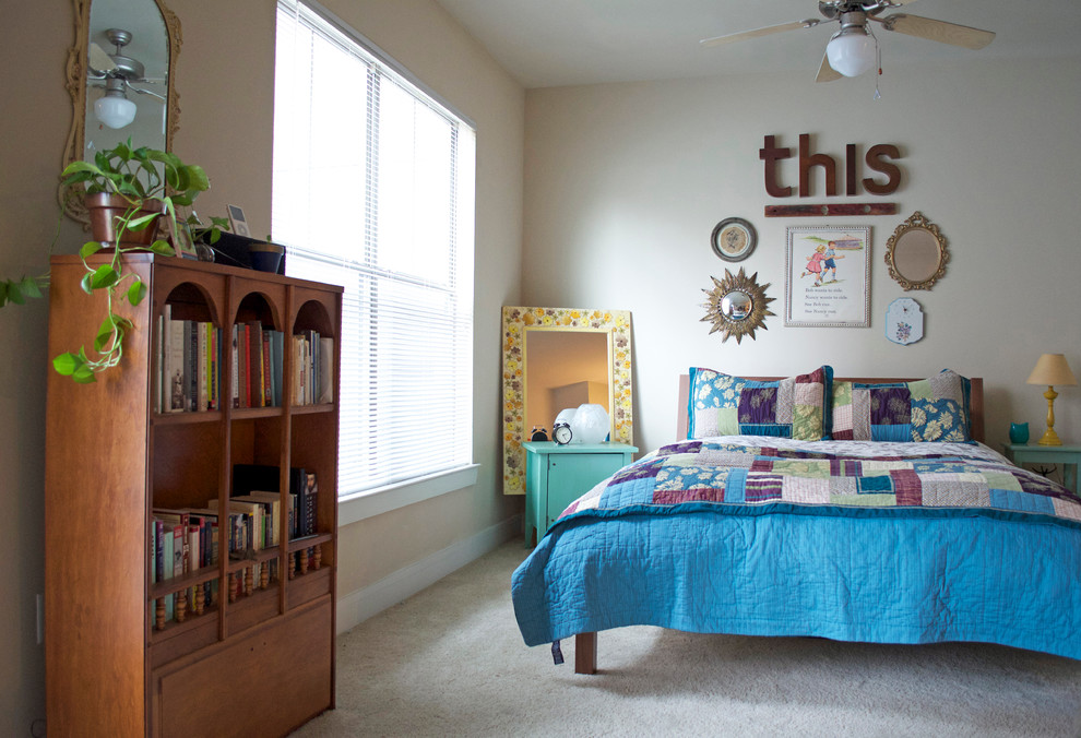 Coverlet or Quilt Bedroom Eclectic with Apartment Bed Blinds Books