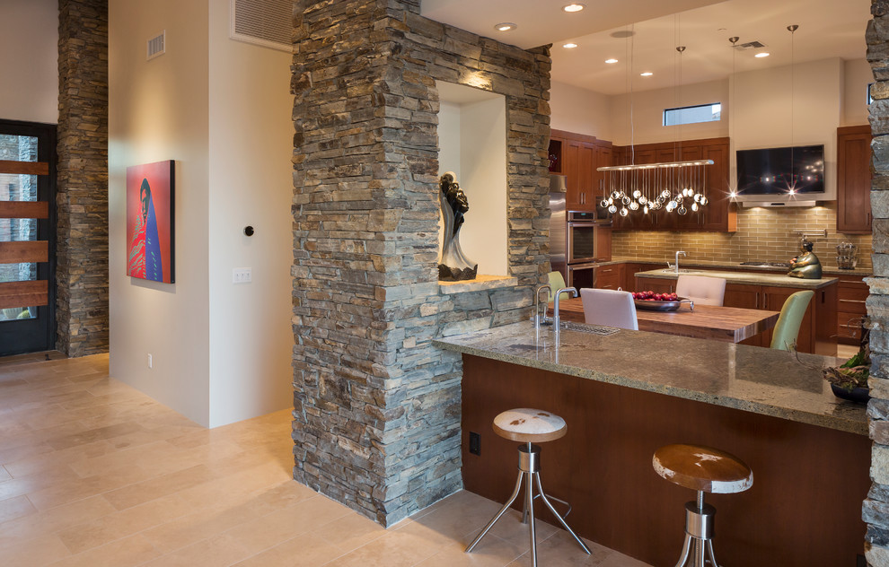 Cowhide Bar Stools Kitchen Contemporary with Beige Tile Floor Counter