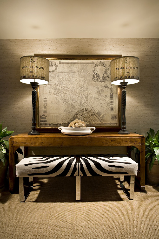 Cowhide Zebra Rug Family Room Eclectic with Bench French Grasscloth Interior