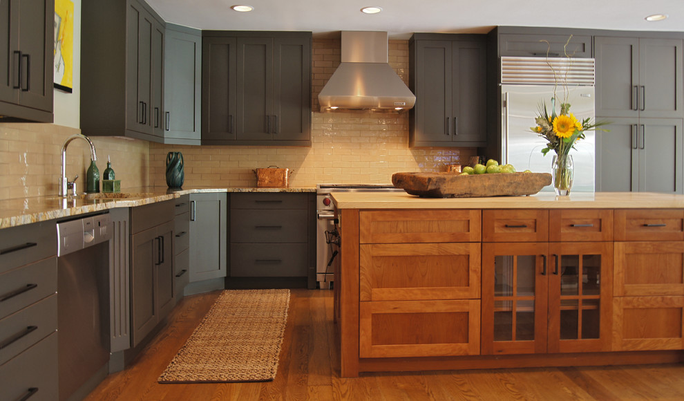 Crackle Subway Tile Kitchen Contemporary with Butcher Block Butlers Pantry