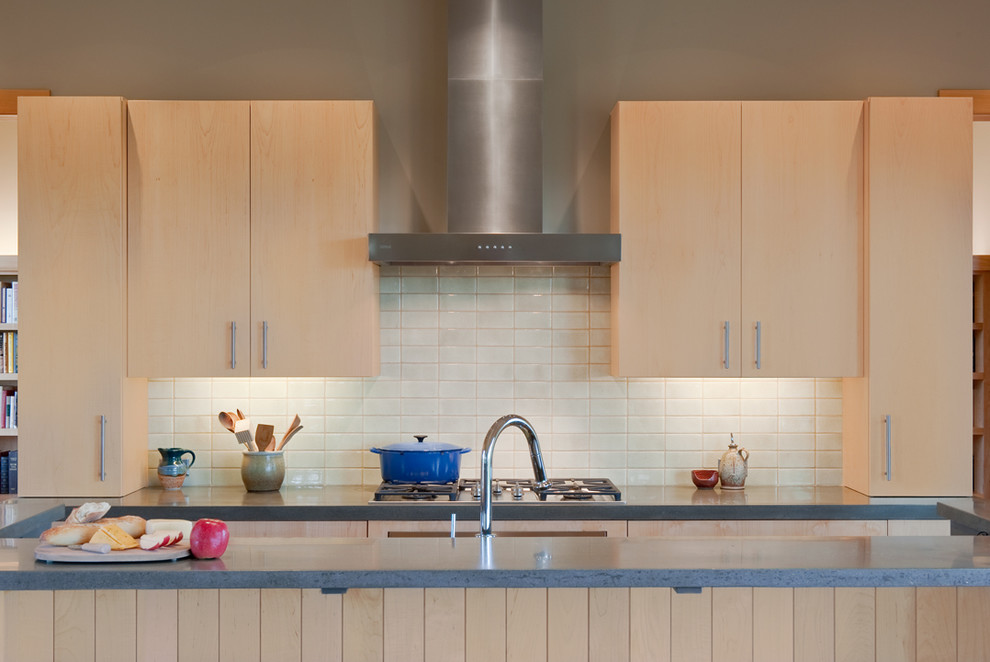 Crackle Subway Tile Kitchen Contemporary with Flat Panel Cabinets Kitchen Island